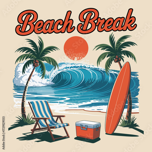Sunset Summer Beach Break Vector,  Colorful Party Placard with Surfboards, Tropical Vibes, Relax Chairs, Ice Box, Ocean Festival Illustration, and Exotic Holiday Poster Design