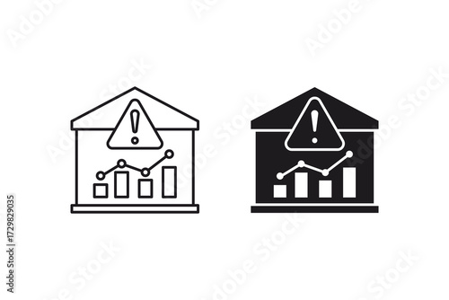 Attention icon highlights warning above financial buildings, indicating risk. Suitable for financial presentations, websites, and articles on risk management.