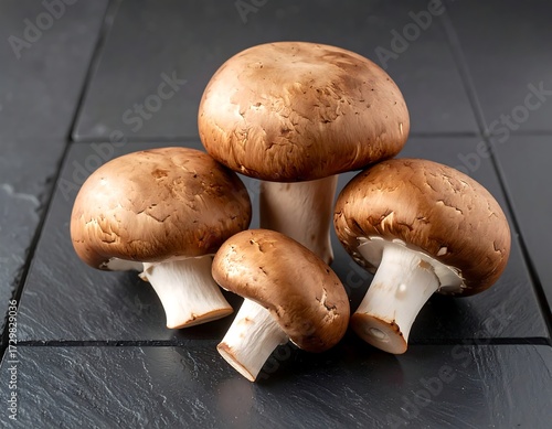 Wallpaper Mural Four brown mushrooms arranged on a dark slate surface Torontodigital.ca