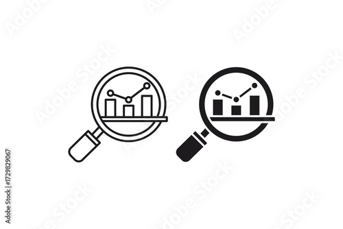 Market research icon with magnifying glasses and charts great for analytics concepts and data analysis in business presentations and reports.