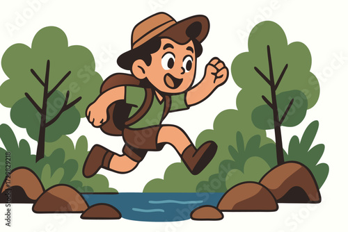 Happy Cartoon Boy with Backpack Joyfully Hiking and Jumping Over a Stream in a Lush Green Forest, Adventure and Outdoor Exploration