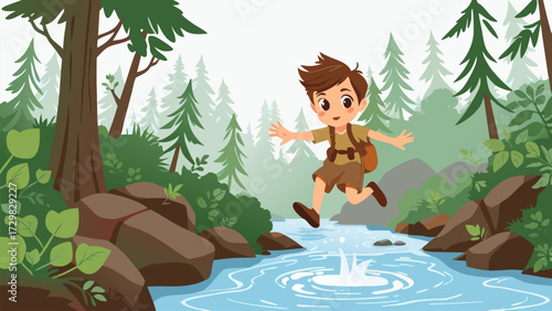 Illustration of a joyful young boy with a backpack bravely jumping over a stream during an exciting outdoor adventure in a lush green forest with towering trees and rocks