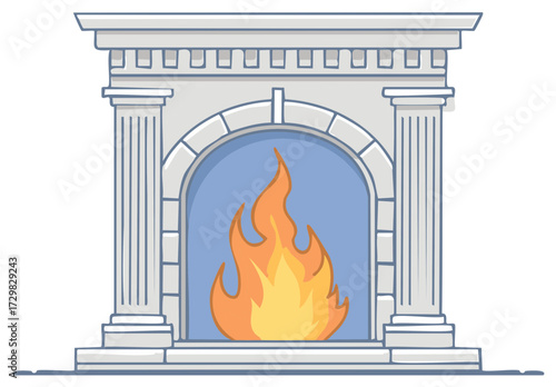 Illustration of an Ornate Fireplace with Burning Flames, Classical Design