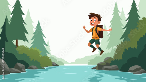Adventurous young boy leaps across a clear river in a lush green forest during a sunny day, embodying fun and outdoor exploration