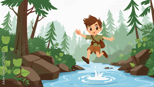 An adventurous boy with a backpack leaps across a flowing river in a lush green forest, enjoying an outdoor exploration