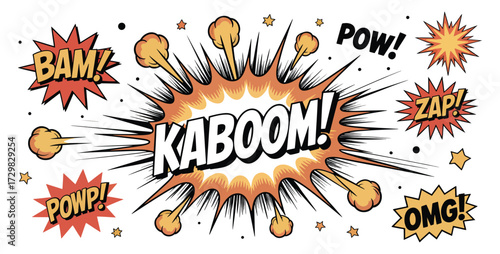 Explosive comic book sound effects collection featuring kaboom bam zap pow