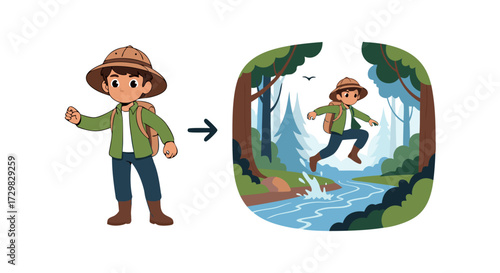 Boy exploring nature, jumping over a stream in a lush forest, dressed as an adventurer with a backpack and hat