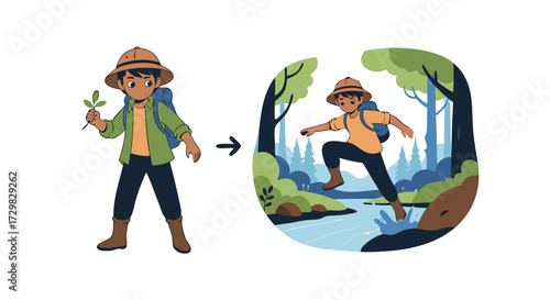 Illustration of a young explorer in a hat and backpack transitioning from holding a plant to jumping across a stream in a lush forest, depicting a journey of discovery and nature exploration
