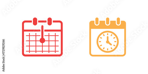 Red Calendar Icon with Date and Yellow Calendar Clock for Planning