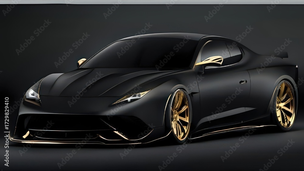 Naklejka premium Side profile of a luxury sports car with a matte black finish and elegant gold accents. Concept of high-end automotive design and wealth