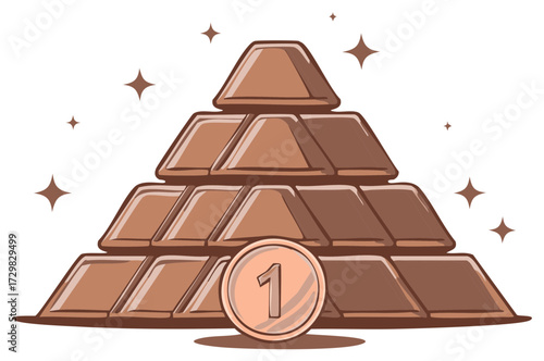 Cartoon pyramid of shiny bronze bars and a number one coin representing wealth and success vector illustration