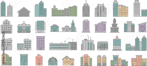 Colorful city building icons set, modern architecture vector illustrations, perfect for urban design, maps, apps, infographics, and real estate branding