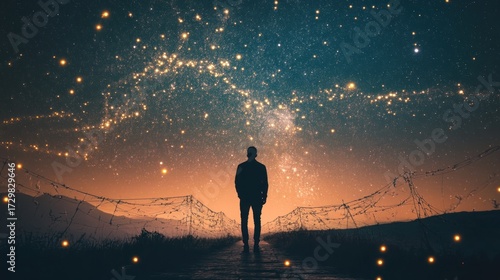 Silhouette of Man Gazing at Starry Night Sky, Dreamy Landscape.