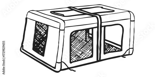 Illustration of a crate for pets with mesh windows and a strap for carrying for pet owners and animal lovers