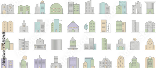 Colorful city building icons set, modern architecture vector illustrations, perfect for urban design, maps, apps, infographics, and real estate branding