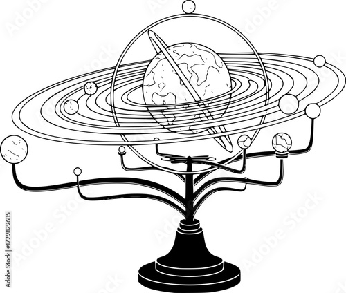 Solar system orrery illustration: celestial model design for educational and artistic use