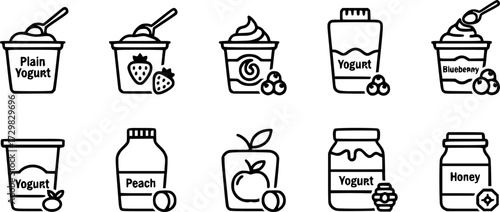 Minimalist yogurt icon set with various flavors and designs