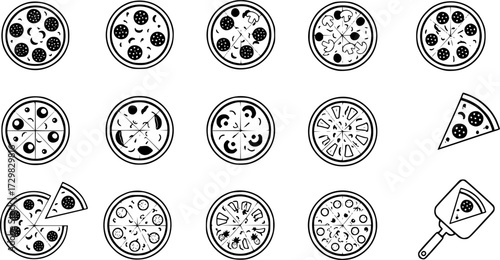 Minimalistic pizza icon set with various toppings and styles