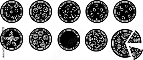 Minimalistic pizza icon set with various toppings and styles