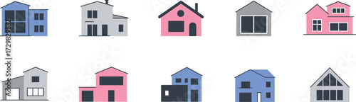 Flat design house icons set — modern residential homes, villas, and cottages for real estate, web design, apps, maps, and property listings