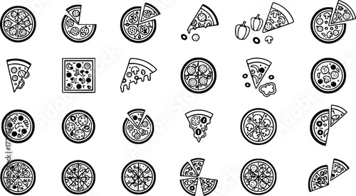 Minimalistic pizza icon set with various toppings and styles