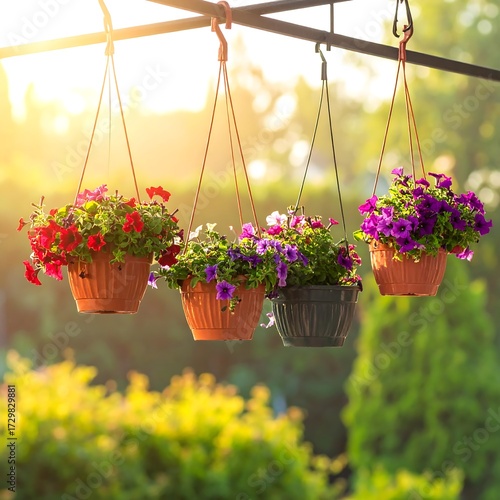 Wallpaper Mural Four hanging flower pots with vibrant blooms, backlit by warm sunlight, creating a cheerful garden scene Torontodigital.ca