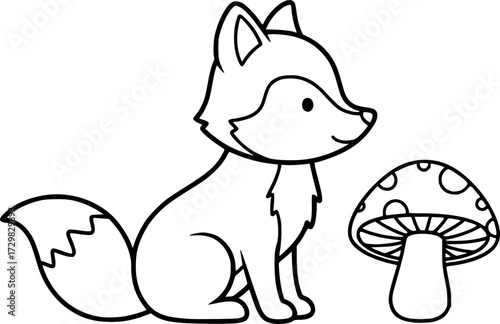 Cute fox with mushroom outline for coloring books and crafts