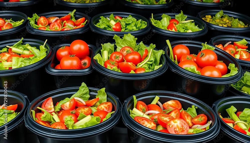 Fototapeta premium Stackable black containers filled with fresh salad and tomatoes, fresh vegetables, dark photography