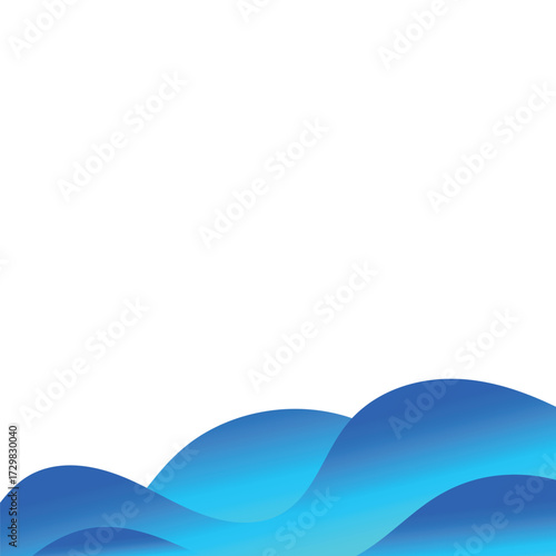 An abstract digital graphic with a white background and a bottom border of smooth, layered, flowing curves in a blue gradient, resembling water waves.