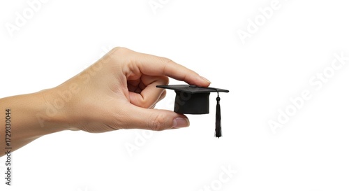 Hand holding a miniature black graduation cap against a plain white background