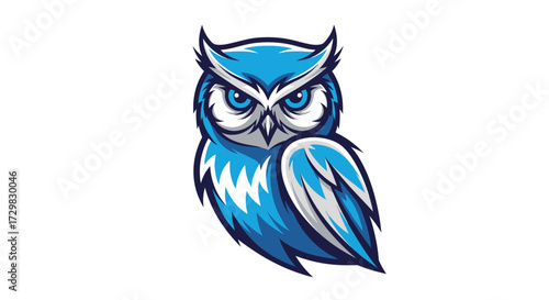 Intricate blue owl mascot with piercing gaze on white showcases modern design