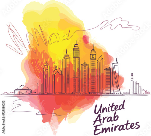 United Arab Emirates skyline illustration with watercolor sunset, modern skyscrapers, Arabic architecture, perfect for travel ads, tourism posters, and Middle East branding