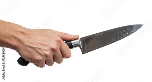 A hand grips a chefs knife with a black handle against a plain white backdrop