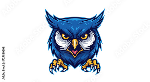 Vibrant stylized blue owl illustration exhibiting an intense gaze and sharp claws
