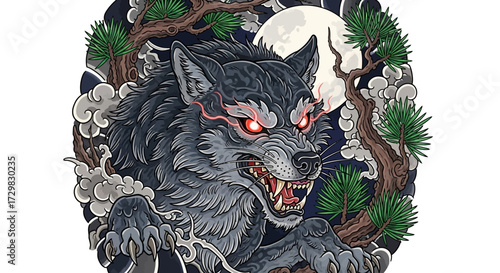 Ferocious wolf with glowing red eyes against a backdrop of moonlit trees and swirling clouds