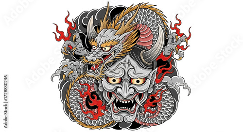 Mythical Fusion Dragon and Oni Mask An Intriguing Tattoo Design with Symbolic Representation
