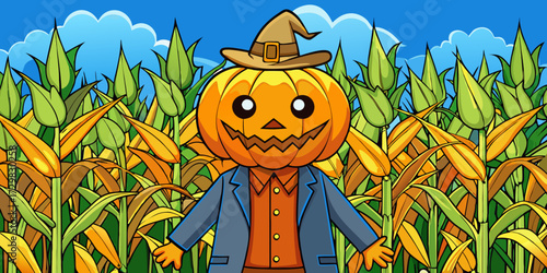 Friendly cartoon pumpkin scarecrow wearing a hat stands in a vibrant cornfield under a blue sky