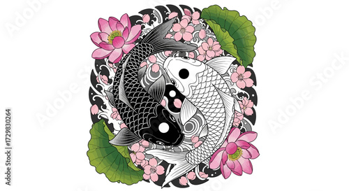 Yin and Yang koi fishes illustration with sakura flowers and ripple pattern, spiritual harmony and