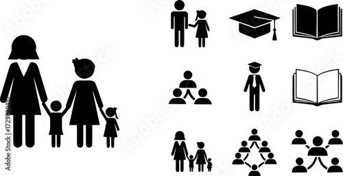 Family and education icons set featuring silhouettes of people, book, and community symbols