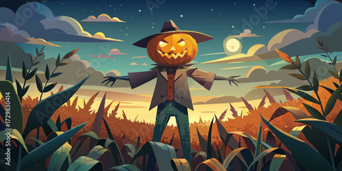 Spooky jack o lantern scarecrow stands guard in a moonlit autumn field under a starry sky