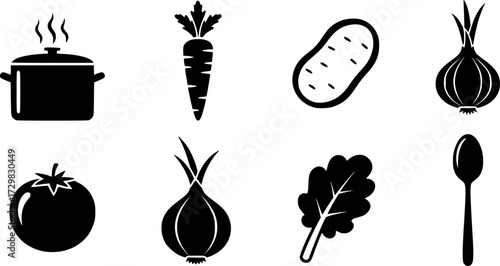 Minimalist soup icons collection with vegetables and cooking pot