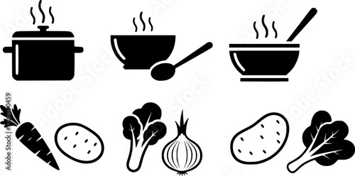 Minimalist soup icons collection with vegetables and cooking pot