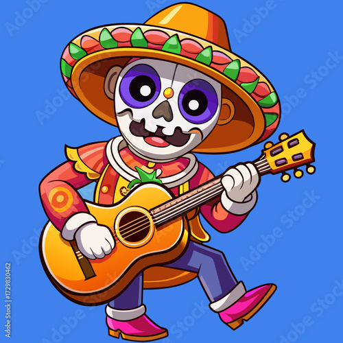 A cartoon skeleton mariachi musician wearing a sombrero plays a guitar with a festive outfit