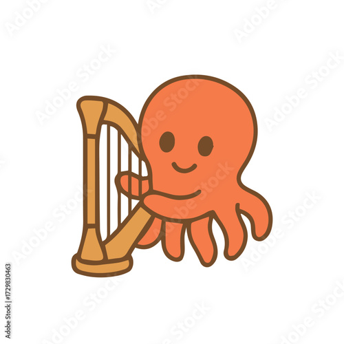 Octopus Playing a Harp Cute Cartoon Character with Musical Instrument