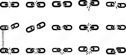 Broken chain collection: black silhouette designs of linked and unlinked chains