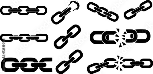 Broken chain collection: black silhouette designs of linked and unlinked chains