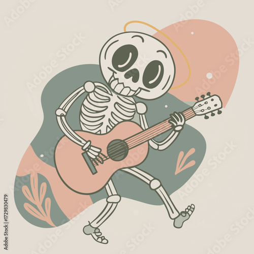 Whimsical skeleton musician playing guitar with a halo and abstract background
