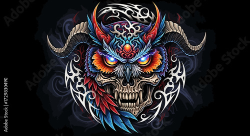 Ornate owl skull with horns, vibrant color palette, tribal patterns, and captivating design elements