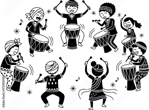 Joyful drum circle dance with children in cultural attire for celebration and artistic inspiration