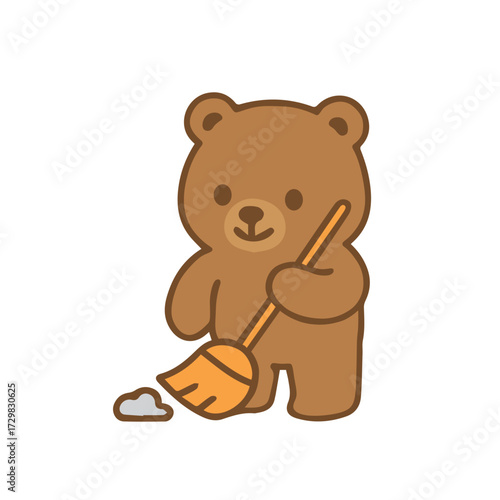 Cute Cartoon Bear Sweeping Floor